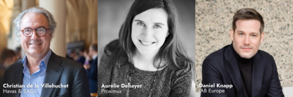 Headshots of three speakers for the Value of Advertising event: Christian de la Villehuchet (Havas & EACA), Aurélie Denayer (Proximus), and Daniel Knapp (IAB Europe).