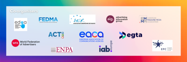 Grid of co-organiser logos for the Value of Advertising event, including EDAA, FEDMA, AER, Advertising Information Group (AIG), EMMA, ACT, EACA, egta, WFA, ENPA, IAB Europe, and EPC.